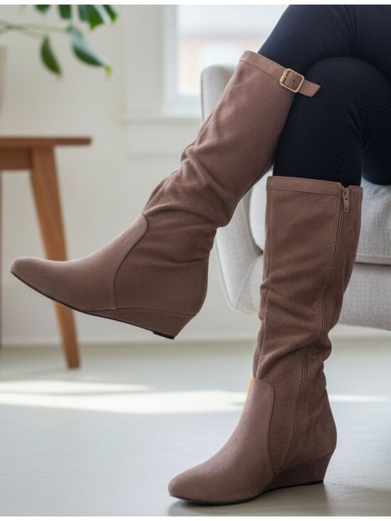 Shoes - Taupe Knee-High Wedge Suede Boots With Buckle Detail Side Zipper And Textured Fi